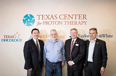 Pictured from left to right during the tour of Texas Center for Proton Therapy as part of the IBA Users Meeting is Texas Center for Proton Therapy Medical Director Andrew Lee, M.D., M.P.H., IBA Founder Yves Jongen, Texas Center for Proton Therapy Director Gary Barlow, and IBA CEO Olivier Legrain.